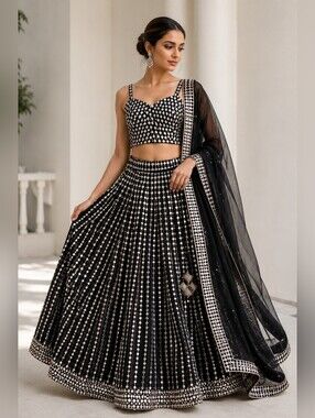 Black Organza Embroidered Mirror Sweetheart Linear Lehenga Choli - 36